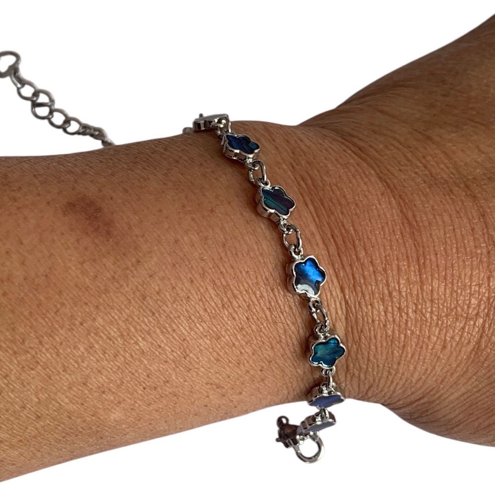 Abalone Shell Blue Flower Link Silver Plated Brac… - image 2